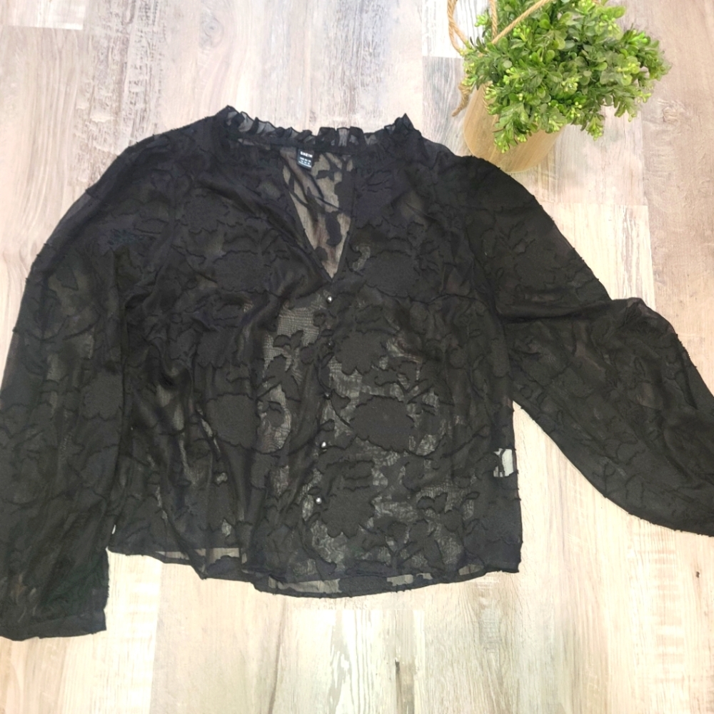 Shein xl black floral see through blouse